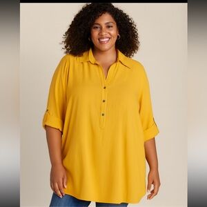 Soft‎ Surroundings Yellow Button Tunic Top - Relaxed Blouse, Rolled Sleeve, 3X